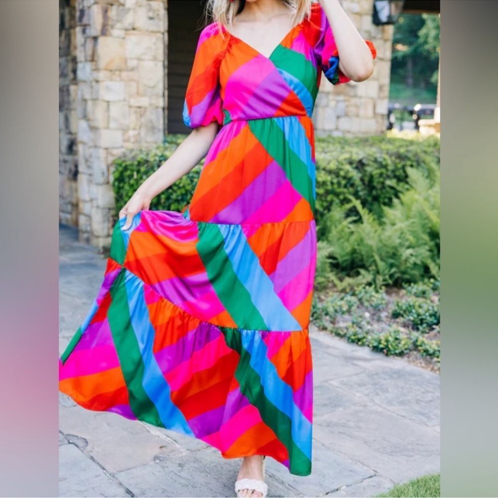 Skies Are Blue | Looking Forward Rainbow Striped Maxi Dress Size Large